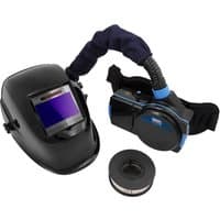 Black Sealey welding helmet with purple visor and powered air purifying respirator with hose and waist-mounted unit.