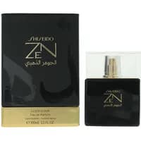 Shiseido Zen Gold Elixir Eau De Parfum 100ml, black square bottle with gold accents, matching black and gold box.