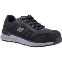 Black Skechers Bulklin Bragoo safety shoe with mesh upper, lace-up design, and reinforced toe.