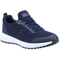 Navy blue Skechers workwear shoe with lace-up design, white sole, and textured black outsole for grip.