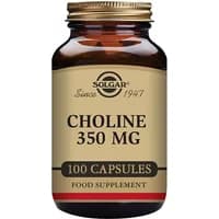Brown glass bottle with gold cap, labeled "Solgar Choline 350mg 100 Capsules" in black text on beige background.