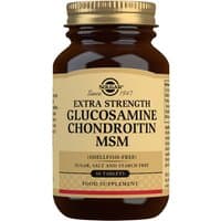 Brown glass bottle with gold cap, Solgar Extra Strength Glucosamine Chondroitin MSM, 60 tablets, beige label.