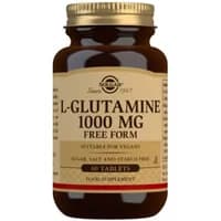 Brown bottle of Solgar L-Glutamine 1000 mg tablets, gold cap, beige label with black and red text, pack of 60.