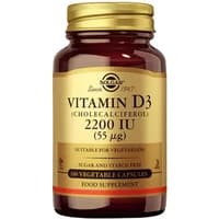 Solgar Vitamin D3 bottle with gold label, 2200 IU, 100 vegetable capsules, brown glass, gold cap.