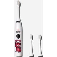 White kids' electric toothbrush with cheetah design, includes two extra brush heads.