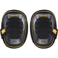 Black and yellow Stanley Fatmax gel knee pads with transparent front and adjustable straps.