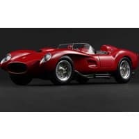 Red Ferrari 250 Testa Rossa with sleek curves, open-top design, and chrome wheels against a dark background.