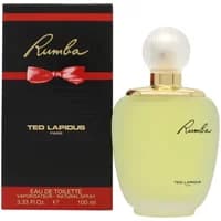 Ted Lapidus Rumba Eau De Toilette 100ml, clear oval bottle with gold cap, black box with red bow design.