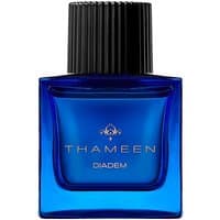 Blue Thameen Diadem perfume bottle with black ribbed cap and gold lettering, 50 ml unisex spicy fragrance.