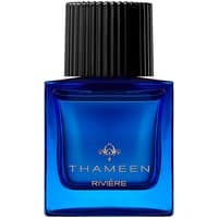 Blue Thameen Riviere Extrait de Parfum bottle, 50 ml, with black ribbed cap and gold logo, unisex leather fragrance.