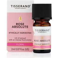 Tisserand Rose Absolute Essential Oil 2ml, amber bottle with black cap, pink label, box with matching design.