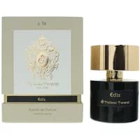 Tiziana Terenzi Eclix perfume, 100ml, in black bottle with gold cap, next to a beige box with ornate gold emblem.