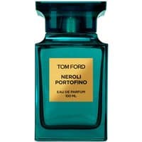 Teal glass bottle of Tom Ford Neroli Portofino Eau de Parfum with gold label, 100 ml, unisex citrus fragrance.