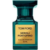 Teal glass bottle of Tom Ford Neroli Portofino Eau de Parfum, 30 ml, with gold label and square cap.
