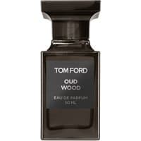 Dark brown Tom Ford Oud Wood Eau de Parfum bottle, 50 ml, with a sleek, rectangular shape and black label.