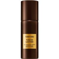 Brown Tom Ford Tuscan Leather body spray bottle with gold label, 150 ml, unisex fragrance for hair and body.