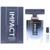 Tommy Hilfiger Impact Intense Eau De Parfum 100ml, blue gradient bottle with a T-shaped navy cap, next to its box.