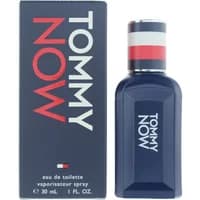 Navy blue Tommy Hilfiger Tommy Now Eau De Toilette 30ml bottle with red, white, and blue striped cap.