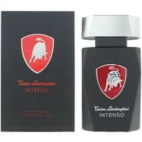 Black Tonino Lamborghini Intenso Eau De Toilette bottle with red logo and silver cap, next to matching box.