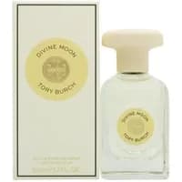 Clear glass bottle with cream cap, Tory Burch Divine Moon Eau De Parfum 50ml, gold label, matching box.