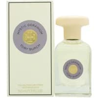 Tory Burch Mystic Geranium Eau De Parfum 50ml with cream cap and pale yellow box featuring purple and gold accents.