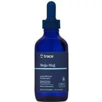 Blue bottle of Trace Minerals Mega-Mag Liquid Magnesium Drops with dark blue dropper cap.