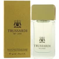 Trussardi My Land Eau De Toilette 30ml, clear glass bottle with gold cap, gold box with black text and emblem.