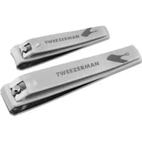 Silver Tweezerman nail clipper set with logo, featuring angled edges and sleek design.