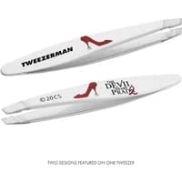 White Tweezerman mini slant tweezer with red high heel and "Devil Wears Prada" text design.