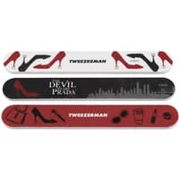 Tweezerman nail file set with red heels, martini glasses, and city skyline on black and red backgrounds.