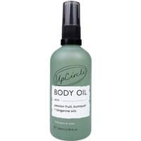 Green bottle of UpCircle Body Oil with black pump, labeled with passion fruit and kumquat oils, 100ml size.