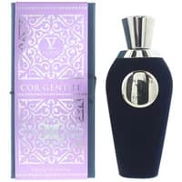 V Canto Cor Gentile Extrait De Parfum 100ml, dark blue bottle with silver cap, next to ornate purple box.
