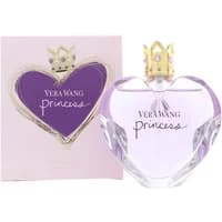 Heart-shaped Vera Wang Princess perfume bottle with gold crown cap, purple liquid, and matching box.