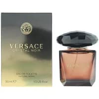 Versace Crystal Noir Eau De Toilette 30ml with dark faceted cap and gradient amber bottle beside elegant black box.