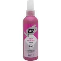 Pink VO5 Heat Protect Styling Spray bottle with white cap and label, 200ml size.