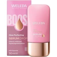 Pink Weleda Glow Perfecting Face Serum Drops bottle with gold cap, 30ml, featuring liquorice for glow enhancement.
