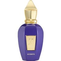 Purple Xerjoff Accento perfume bottle with gold cap and label, 50 ml, unisex musk fragrance.