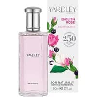 Clear glass bottle of Yardley English Rose Eau De Toilette, pink liquid, silver cap, floral box design.