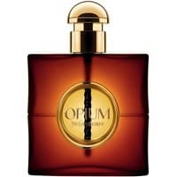Amber square bottle with gold cap, round center label reading "Opium Yves Saint Laurent," 50ml Eau de Parfum.