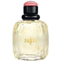 Clear glass bottle of YSL Paris Eau de Toilette, 125ml, with black cap and pink top.