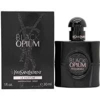 Black Yves Saint Laurent Black Opium Le Parfum bottle with glittery label, next to matching black box.