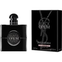 Black Yves Saint Laurent Black Opium Le Parfum bottle with glittery label, next to matching black box.