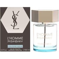 Yves Saint Laurent L'Homme Cologne Bleue 100ml spray, clear glass bottle with silver hexagonal cap and blue liquid.