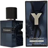 Yves Saint Laurent Y L'Elixir Eau De Parfum 60ml, dark blue bottle with black cap, matching box with large silver "Y".