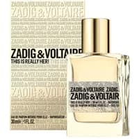 Clear glass bottle of Zadig & Voltaire This Is Really Her! Eau De Parfum, 30ml, with gold cap and branded packaging.