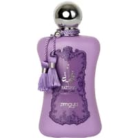 Purple Zimaya Fatima Velvet Love perfume bottle with ornate design, silver cap, and lavender tassel, 100ml.