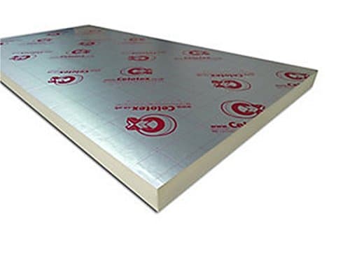 Celotex PIR insulation board in 120mm x 2400mm x 1200mm size, featuring a silver foil surface with red branding and a smooth, rigid foam core.