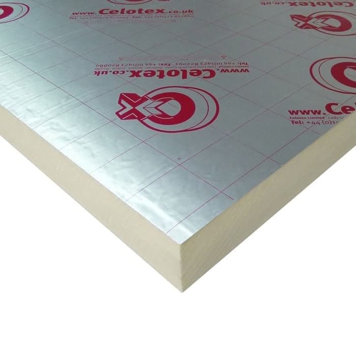Celotex PIR insulation board in silver foil with red branding, measuring 130mm x 2400mm x 1200mm, showcasing a smooth, rigid surface and clean edges.