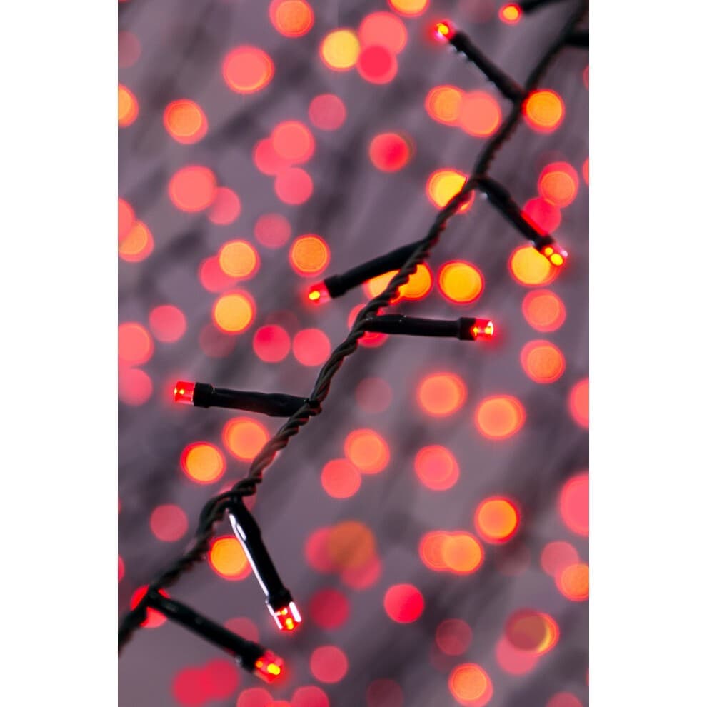 200 multi-function LED lights with a blue hue, featuring black wiring and vibrant red bulbs, ideal for festive decorations.