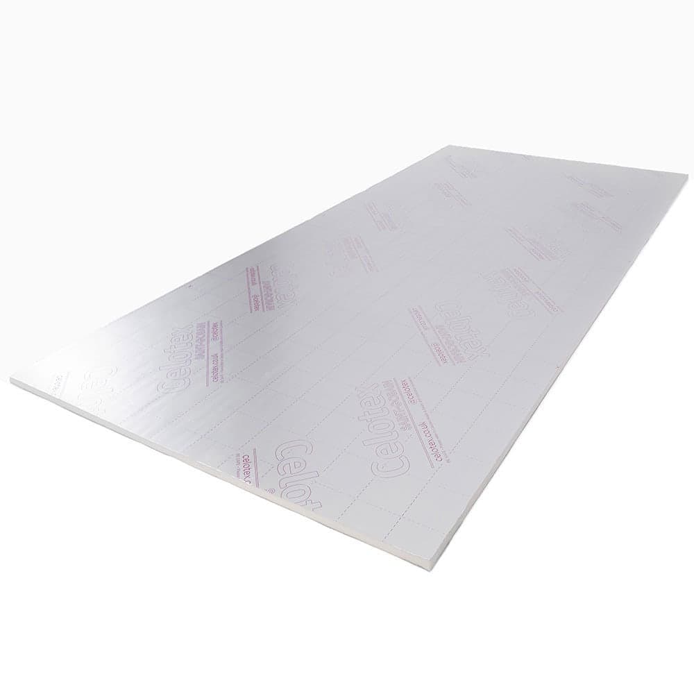 Celotex PIR insulation board, measuring 20mm x 2400mm x 1200mm, features a smooth, reflective silver surface with printed branding and grid lines for easy cutting.